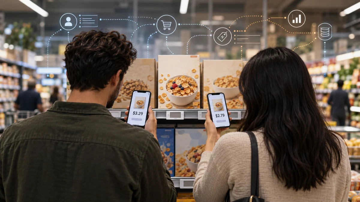 Two shoppers compare different prices for the same cereal product on their smartphones in a grocery store aisle.
