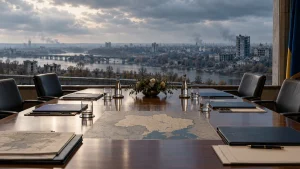 A formal meeting table with maps and documents overlooking a damaged city skyline and river.