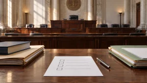 Courtroom bench with a checklist form, pen, and legal files on a wooden table.