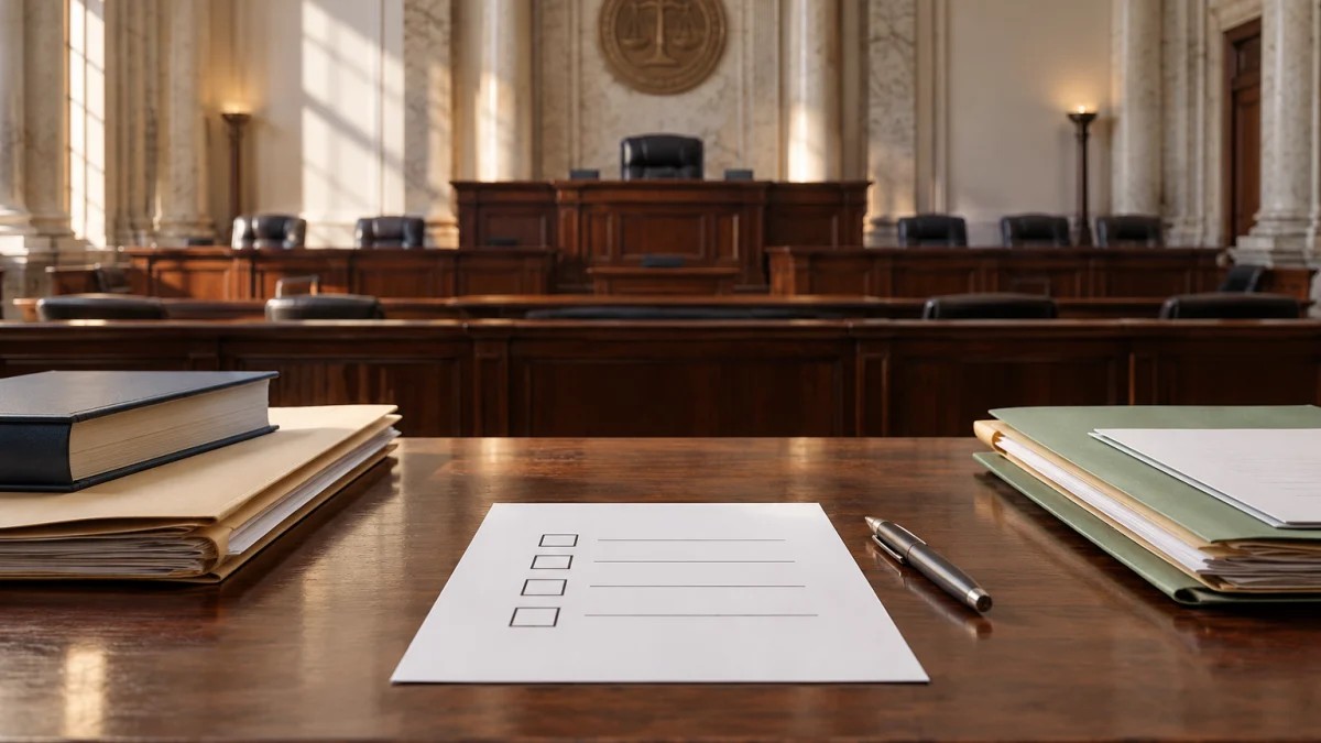 Courtroom bench with a checklist form, pen, and legal files on a wooden table.