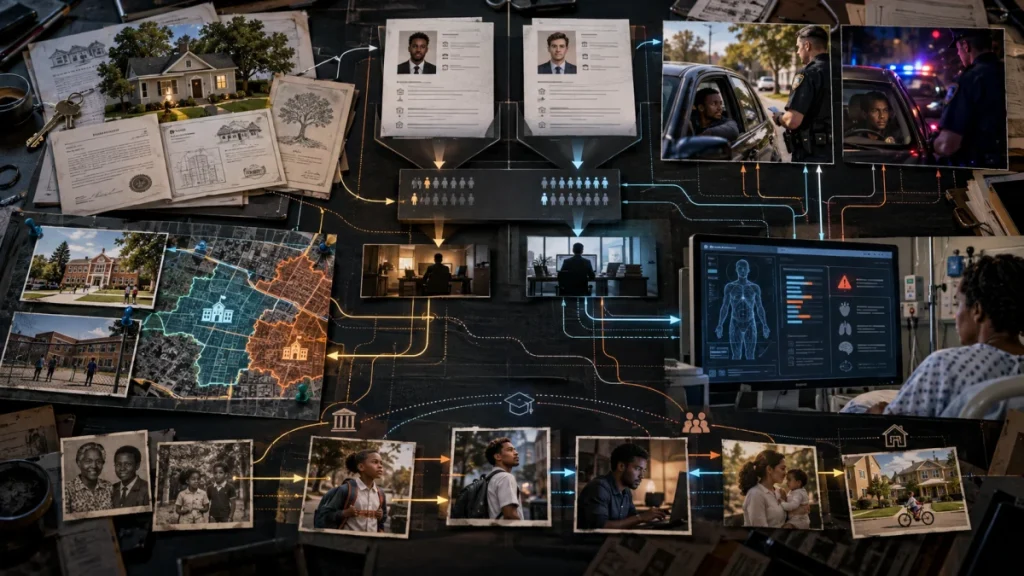 Collage showing housing, education, policing, employment, and healthcare scenes connected by arrows and lines to illustrate how systemic racism shapes outcomes.
