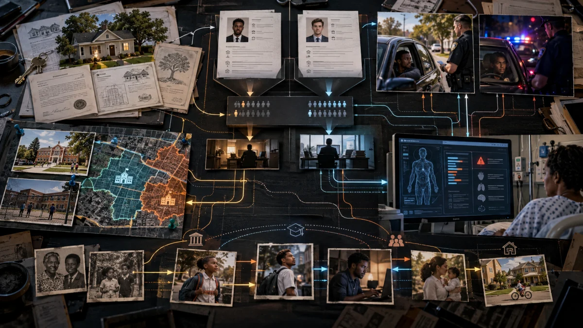 Collage showing housing, education, policing, employment, and healthcare scenes connected by arrows and lines to illustrate how systemic racism shapes outcomes.