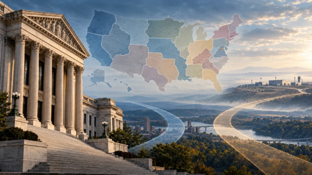 A federal courthouse overlaid with a map of the United States and diverging paths, illustrating disagreement among federal courts over ICE detention without bond.