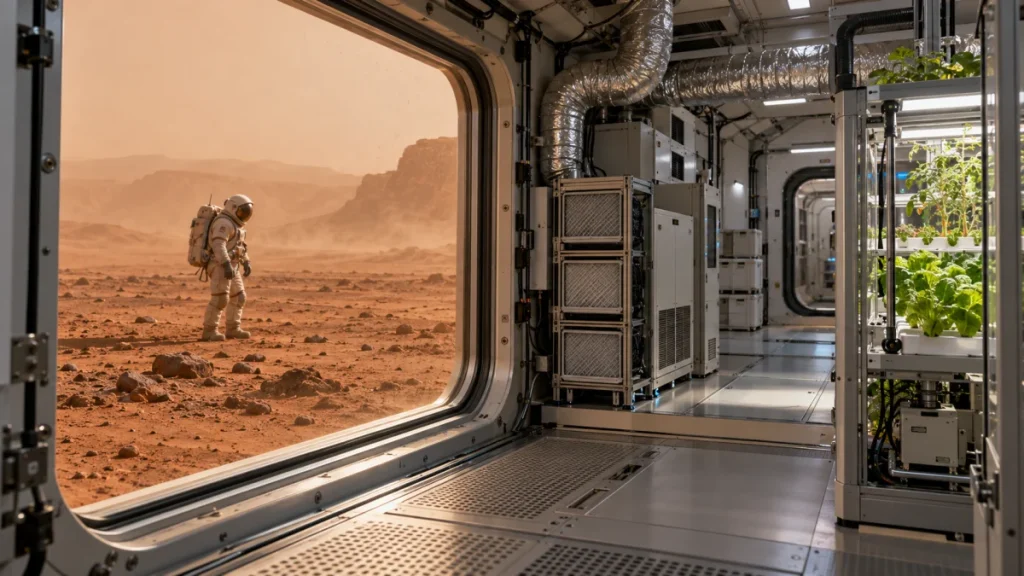 Astronaut standing on the rocky Martian surface viewed from inside a habitat with indoor crops and equipment.