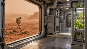 Astronaut standing on the rocky Martian surface viewed from inside a habitat with indoor crops and equipment.