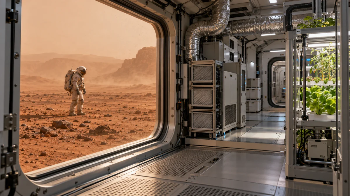 Astronaut standing on the rocky Martian surface viewed from inside a habitat with indoor crops and equipment.