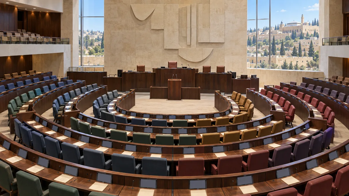 Editorial illustration of a parliamentary chamber in Jerusalem, with muted groups of seats arranged around a central podium, evoking coalition government.