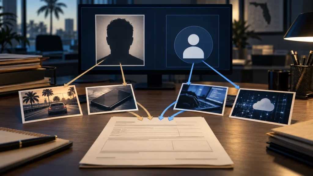 Desk scene showing a suspect profile on a monitor with arrows linking photos, a phone, a laptop, and a case form, illustrating a mistaken identity investigation.