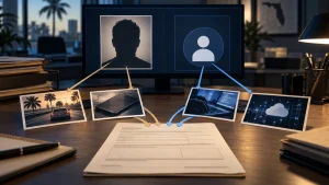 Desk scene showing a suspect profile on a monitor with arrows linking photos, a phone, a laptop, and a case form, illustrating a mistaken identity investigation.