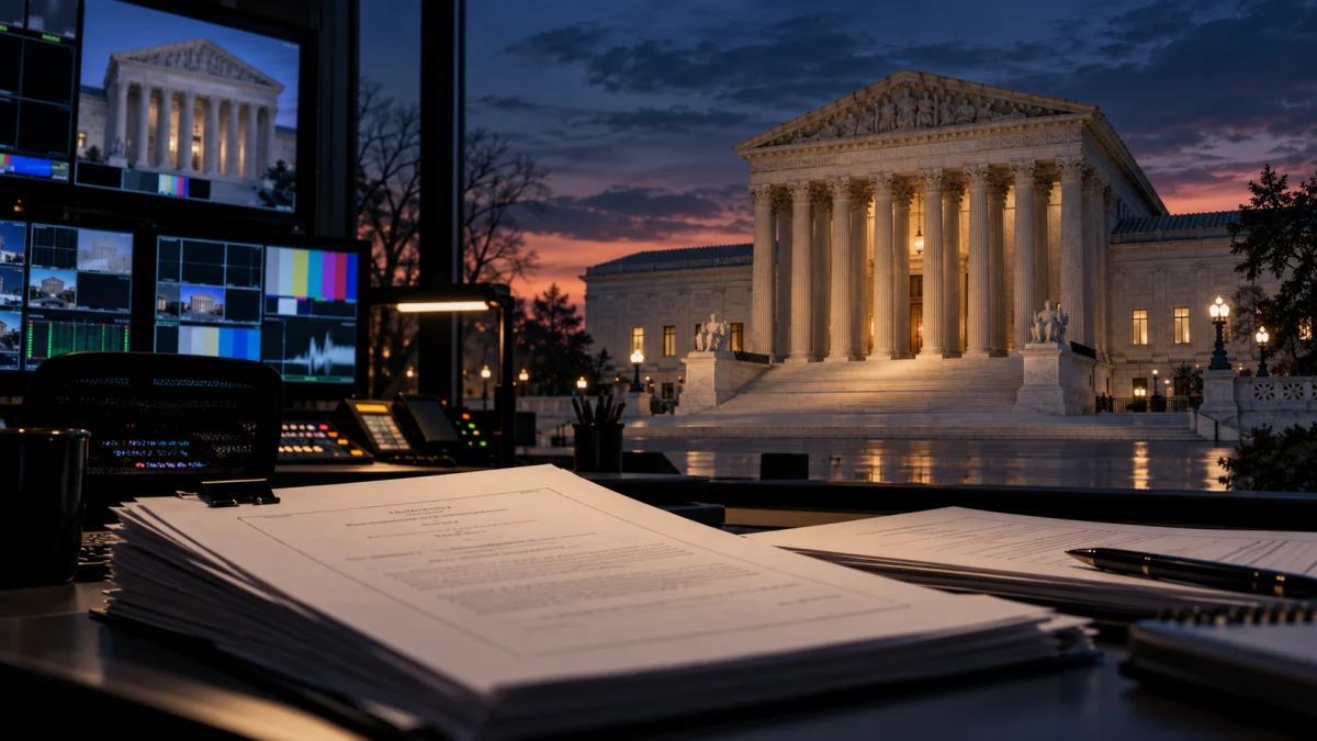 The U.S. Supreme Court at dusk with legal papers and broadcast monitors in the foreground.