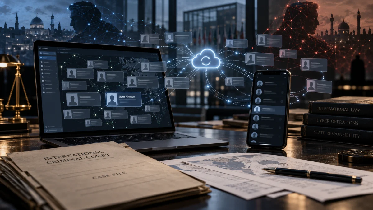 Laptop and smartphone displaying contact lists and cloud-sync graphics on a desk with legal case files and international law books.