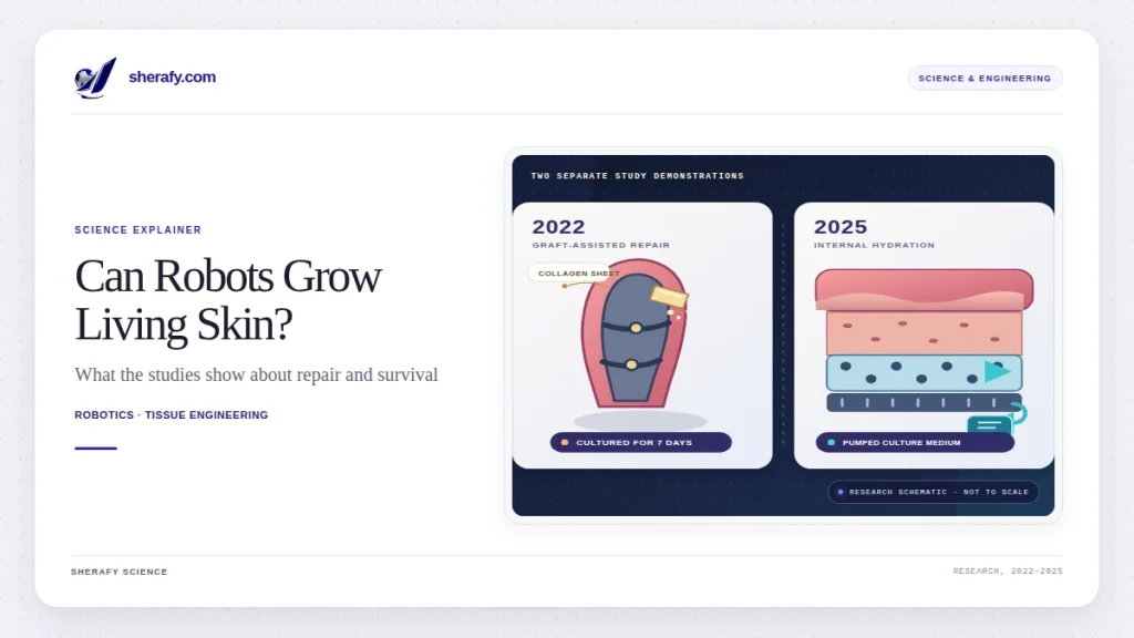 Science explainer graphic about robots growing living human skin, with two study panels showing tissue repair and hydration methods.