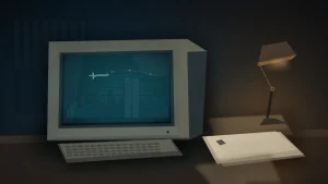 A vintage computer displays an airplane flight path aimed toward the Twin Towers beside a desk lamp and paper in a dim office.