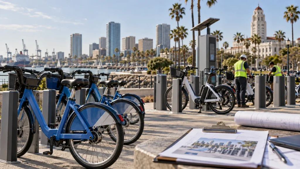 Blue shared bikes docked at a Long Beach waterfront bike-sharing station with workers in safety vests and the downtown skyline behind them.