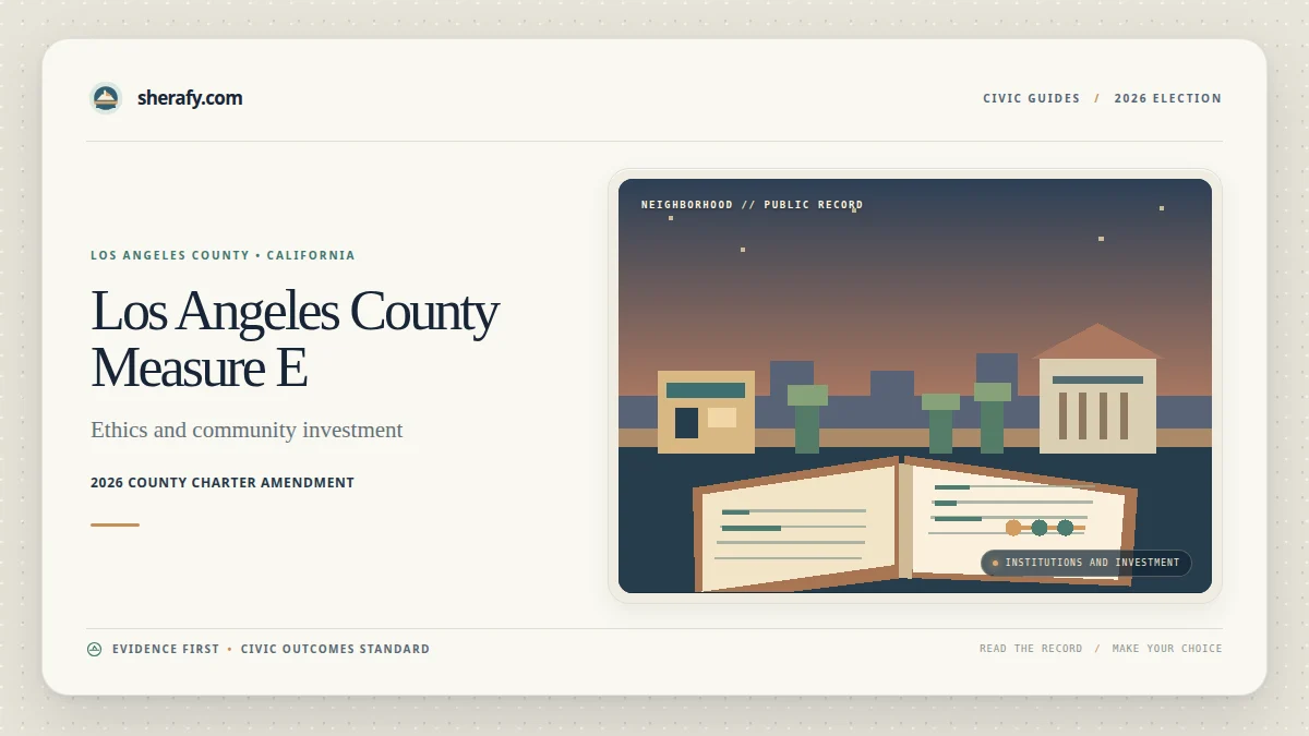 A civic guide graphic for Los Angeles County Measure E, labeled ethics and community investment, with an illustration of buildings and an open book.