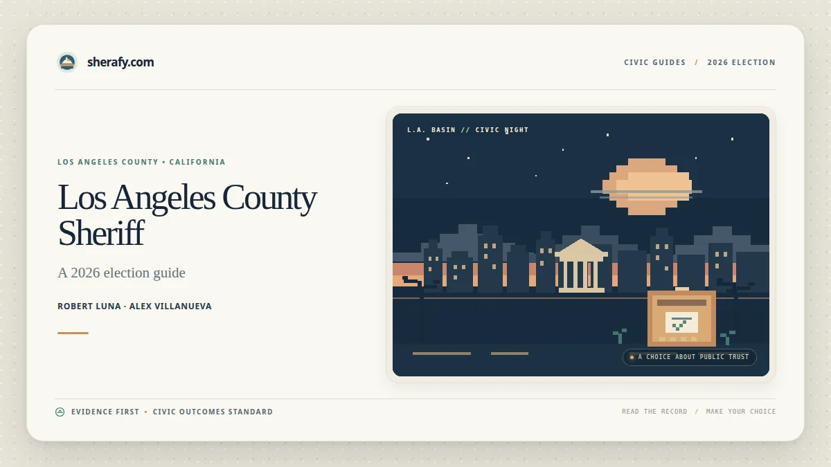 Landing page graphic for a Los Angeles County Sheriff 2026 election guide comparing Robert Luna and Alex Villanueva, with a stylized cityscape illustration.