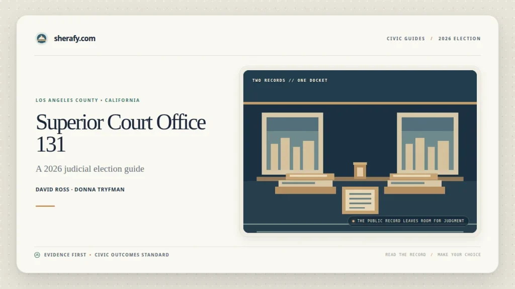 Cover graphic for a Los Angeles County Superior Court Office 131 judicial election guide, featuring stylized court imagery and the names David Ross and Donna Tryfman.