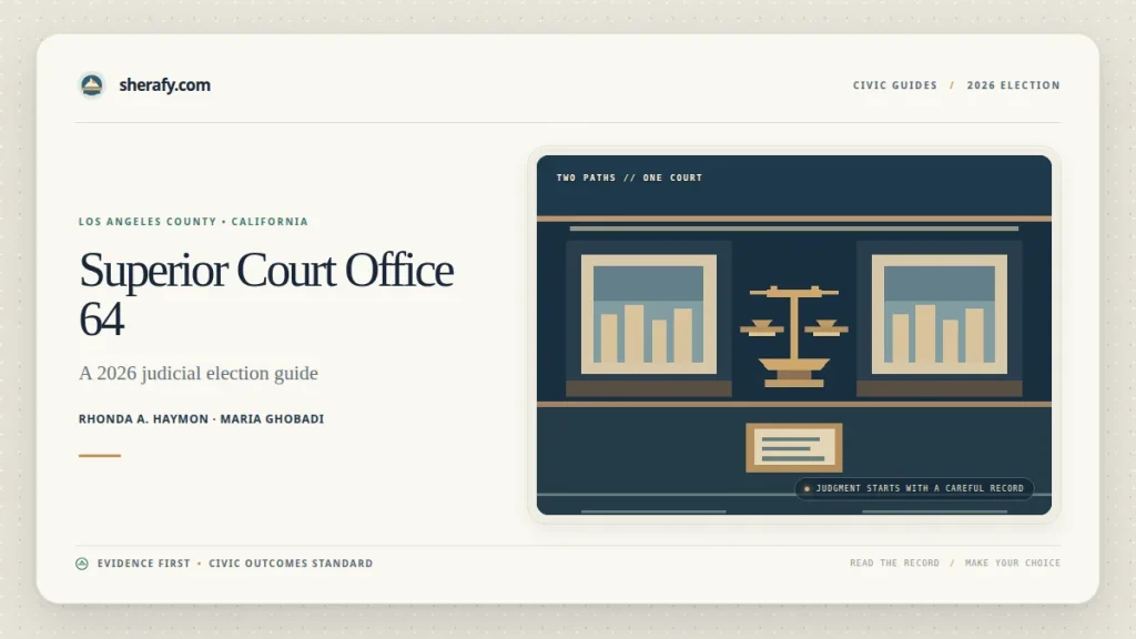 Graphic for Los Angeles County Superior Court Office 64, a 2026 judicial election guide featuring Rhonda A. Haymon and Maria Ghobadi.