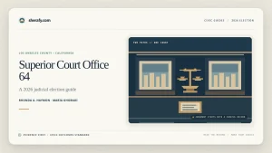 Graphic for Los Angeles County Superior Court Office 64, a 2026 judicial election guide featuring Rhonda A. Haymon and Maria Ghobadi.
