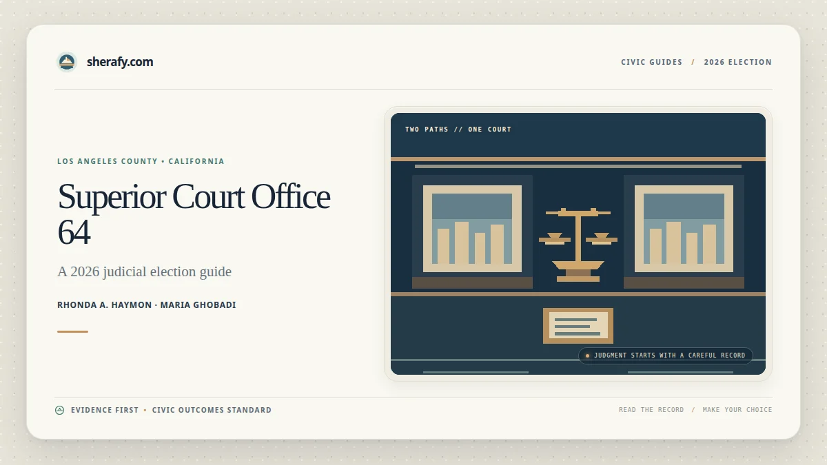 Graphic for Los Angeles County Superior Court Office 64, a 2026 judicial election guide featuring Rhonda A. Haymon and Maria Ghobadi.
