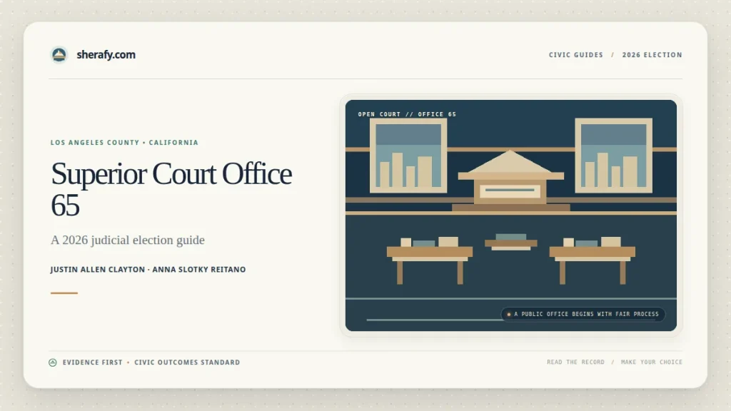 A webpage graphic for Los Angeles County Superior Court Office 65 featuring the names Justin Allen Clayton and Anna Slotky Reitano alongside a stylized courtroom illustration.