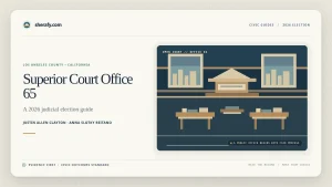 A webpage graphic for Los Angeles County Superior Court Office 65 featuring the names Justin Allen Clayton and Anna Slotky Reitano alongside a stylized courtroom illustration.