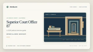 Cover graphic for the Los Angeles County Superior Court Office 87 judicial election guide featuring Anthony A.J. Bayne and David DeJute.