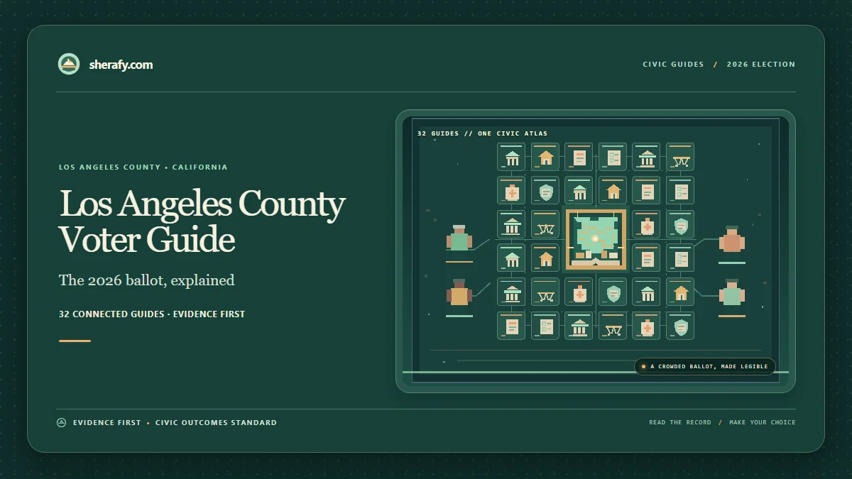 Dark green civic guide graphic titled Los Angeles County Voter Guide with a ballot-style icon grid and election-related labels.