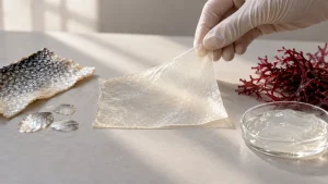 A gloved hand holds a translucent bioplastic sheet beside fish scales, red seaweed, and a petri dish.