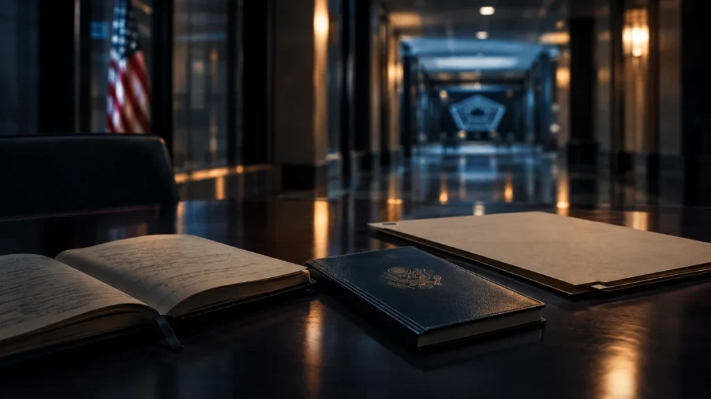 Open notebook, a blue government notebook, and file folders arranged on a polished table in a dim government hallway with a U.S. flag in the background.