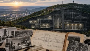 Composite illustration of a mountain with a hidden underground facility, historical photos, blueprints, and a city skyline at sunset.