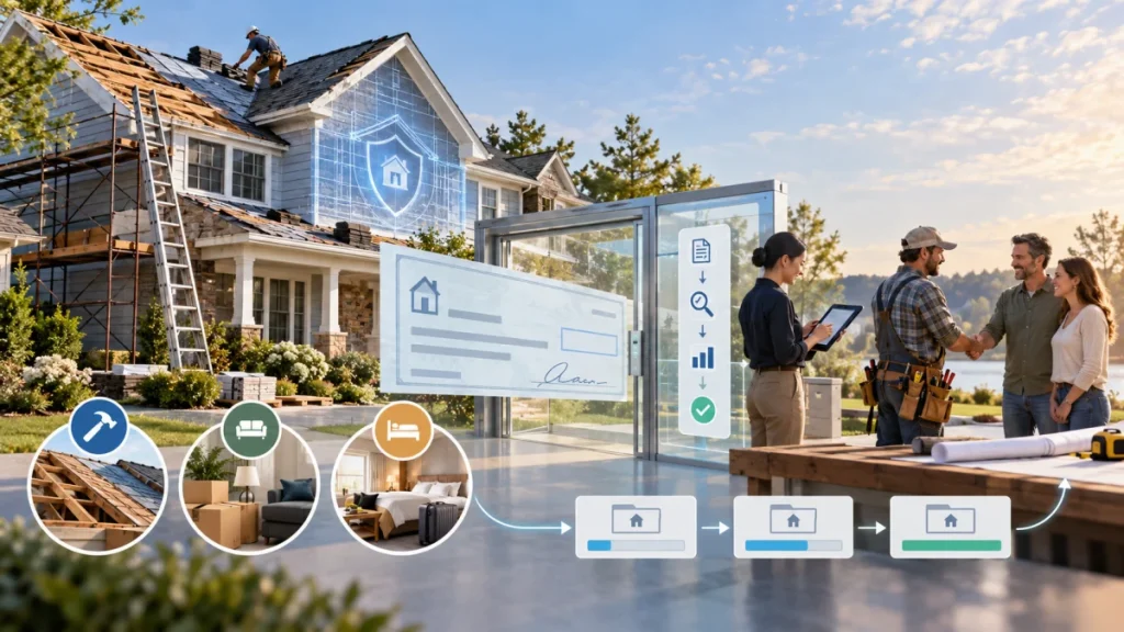 Home repair scene with contractors, a homeowner, and overlay graphics showing loss-draft insurance funds and mortgage approval steps.