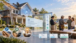 Home repair scene with contractors, a homeowner, and overlay graphics showing loss-draft insurance funds and mortgage approval steps.