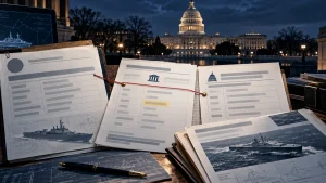 An editorial illustration links the U.S. Capitol with defense-contract paperwork, a highlighted bank-transfer form and naval research documents.