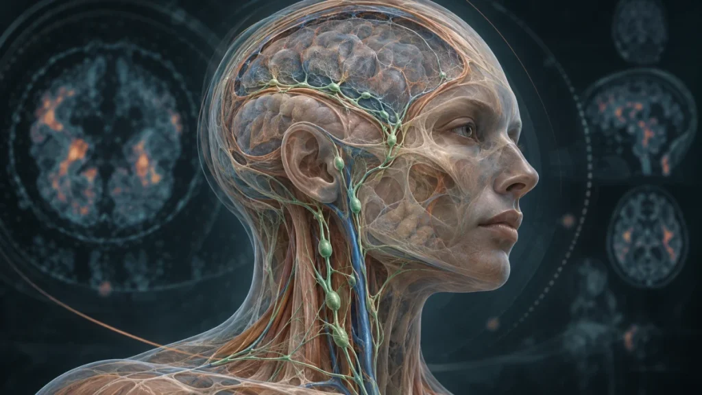 Illustration of a human head and neck with visible lymphatic vessels and brain structures against a medical background.