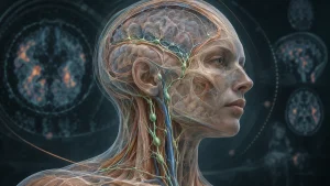 Illustration of a human head and neck with visible lymphatic vessels and brain structures against a medical background.
