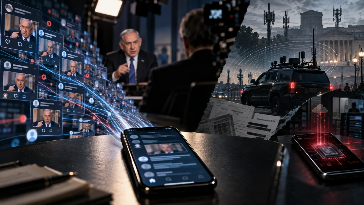 Composite image of phones, digital screens, surveillance vehicles, and Netanyahu speaking in a broadcast setting, suggesting phone hacking and digital spying.