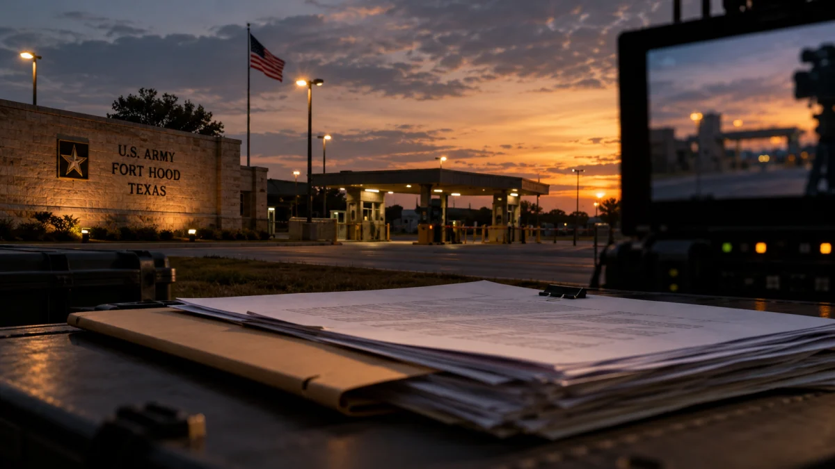Stack of paperwork in the foreground with the U.S. Army Fort Hood entrance and American flag at sunset.