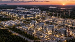 A large modern data center complex beside industrial reactor and utility infrastructure at sunset.