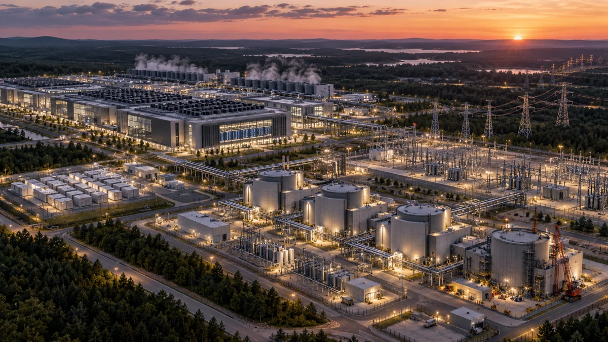 A large modern data center complex beside industrial reactor and utility infrastructure at sunset.