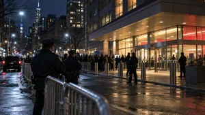 Police officers stand behind metal barricades outside a brightly lit hospital entrance at night in New York City.