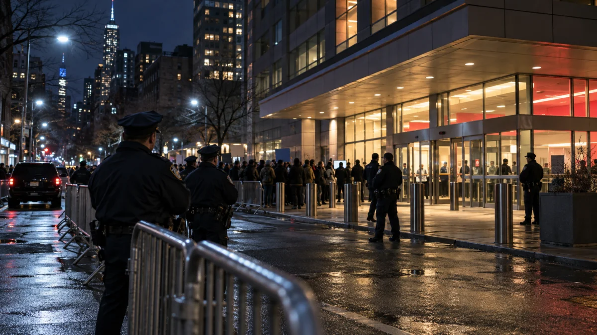 Police officers stand behind metal barricades outside a brightly lit hospital entrance at night in New York City.