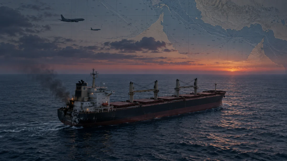 A large cargo ship at sea with smoke rising from its stern at sunset, overlaid on a map of the Gulf region and aircraft silhouettes.