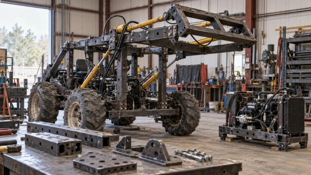 A large modular machine frame with oversized tires and hydraulic components sits in a workshop beside spare parts and tools.