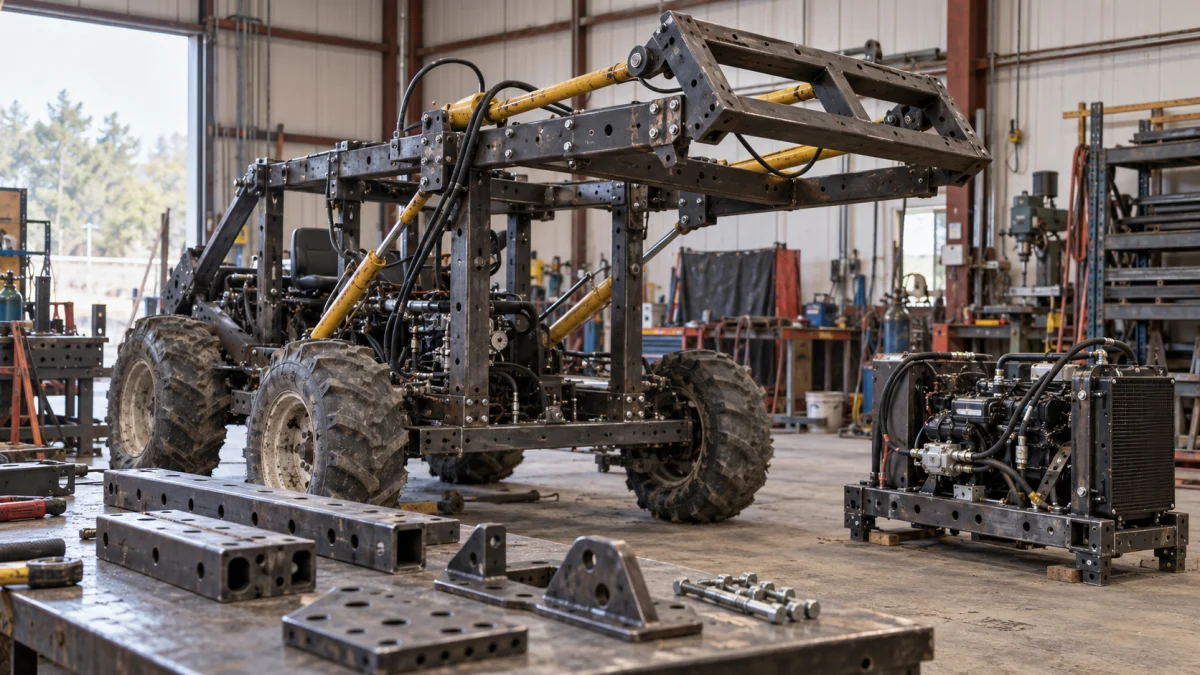 A large modular machine frame with oversized tires and hydraulic components sits in a workshop beside spare parts and tools.