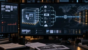 Dark cybersecurity dashboard showing files, alerts, and a network flow from a protected data box to the internet and city servers.