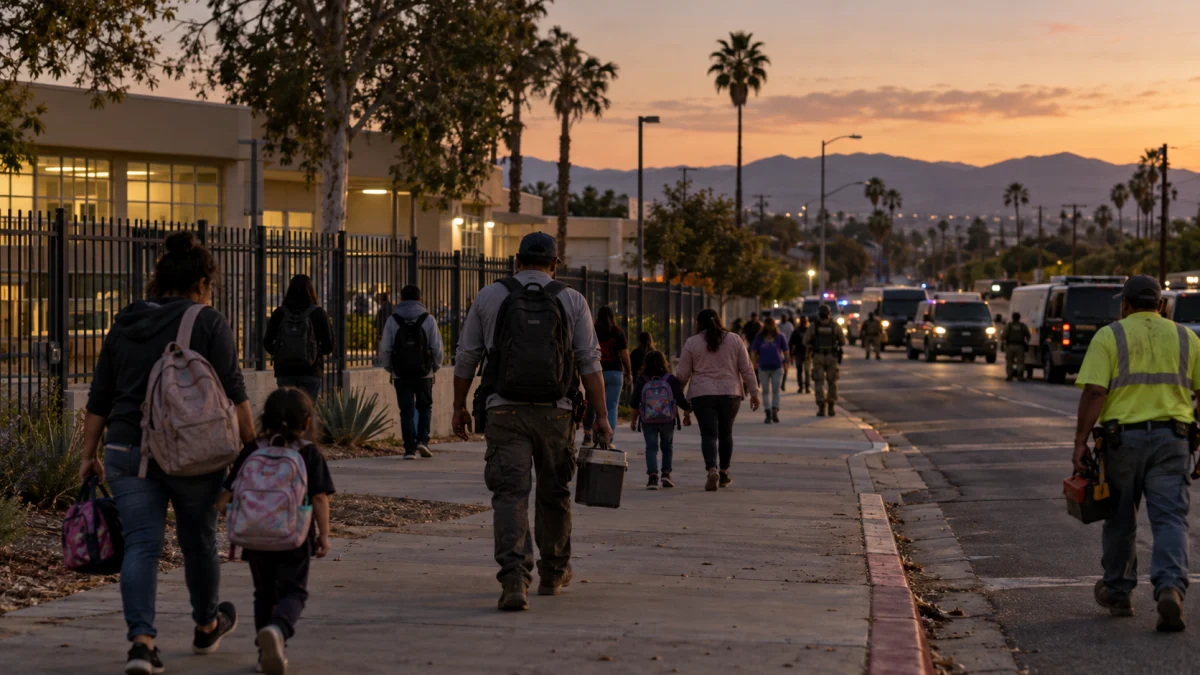 People with backpacks walk along a sidewalk near parked vehicles and flashing lights at dusk, with mountains and palm trees in the background.