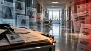 A hospital corridor with a cart of paperwork and an ID badge in the foreground, overlaid with blurred profile documents and red-tinted records on the sides.