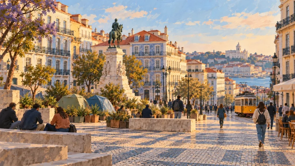 People walking through a sunlit Lisbon square with historic buildings, a statue, and a tram overlooking the river.