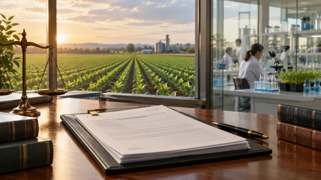 A legal document on a desk with a balance scale, farm field at sunset, and scientists working in a lab in the background.